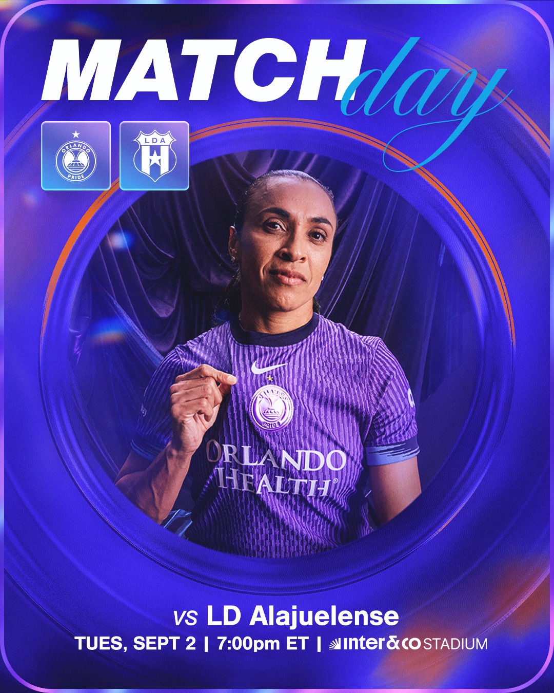 Puede ser una imagen de 1 persona y texto que dice "本1ロ MATCH/A 0 広 ど व HAT HFALTH RLANDO vs LD Alajuelense TUES, SEPT 2 I 17:00pmET|nter&COSTADIUM I 7:00pm ET Inter&COSTADIUM &cO STADIUM"